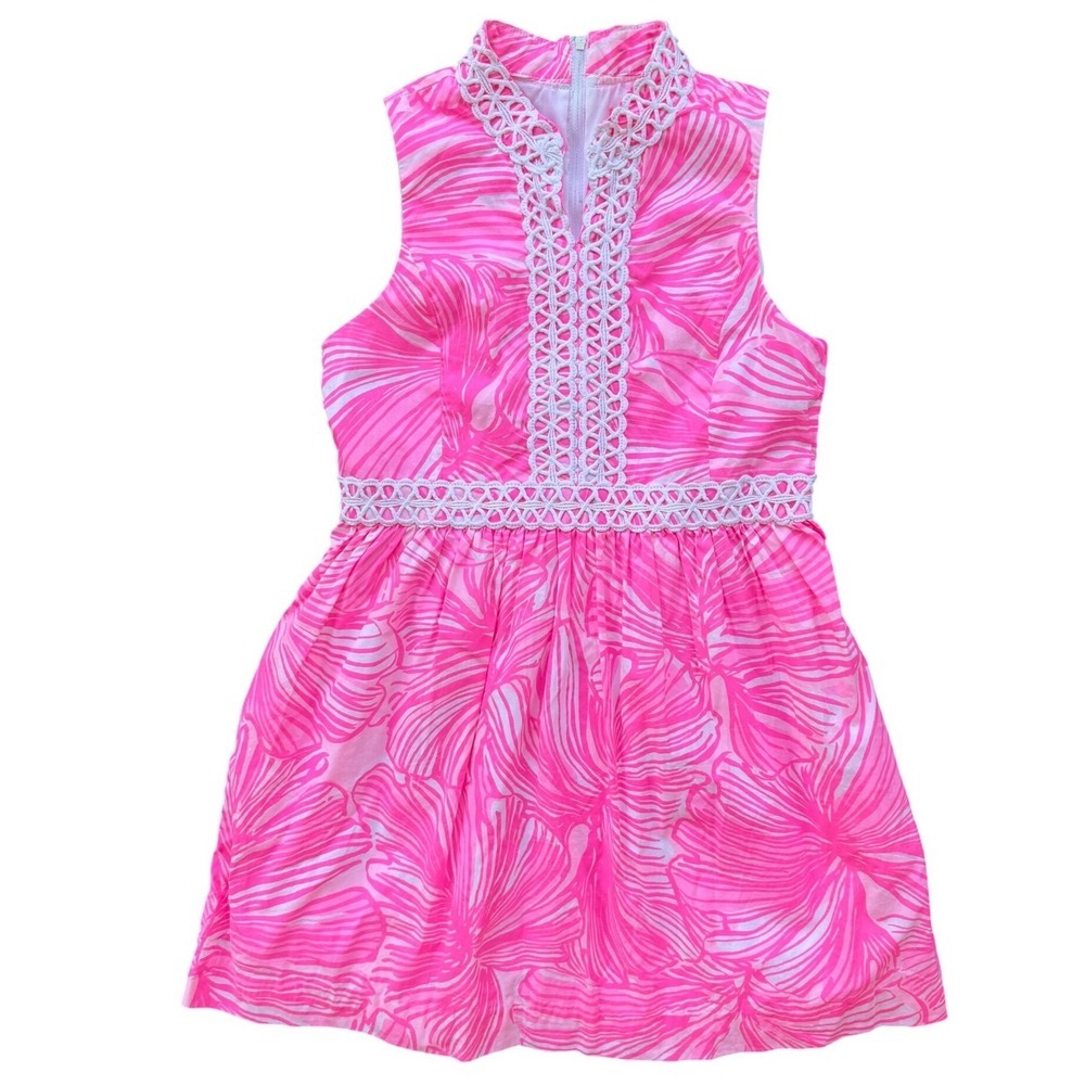 LILLY PULITZER Girl's Mini Franci Dress Vibrant Pink/White, Fronds Place Size 14